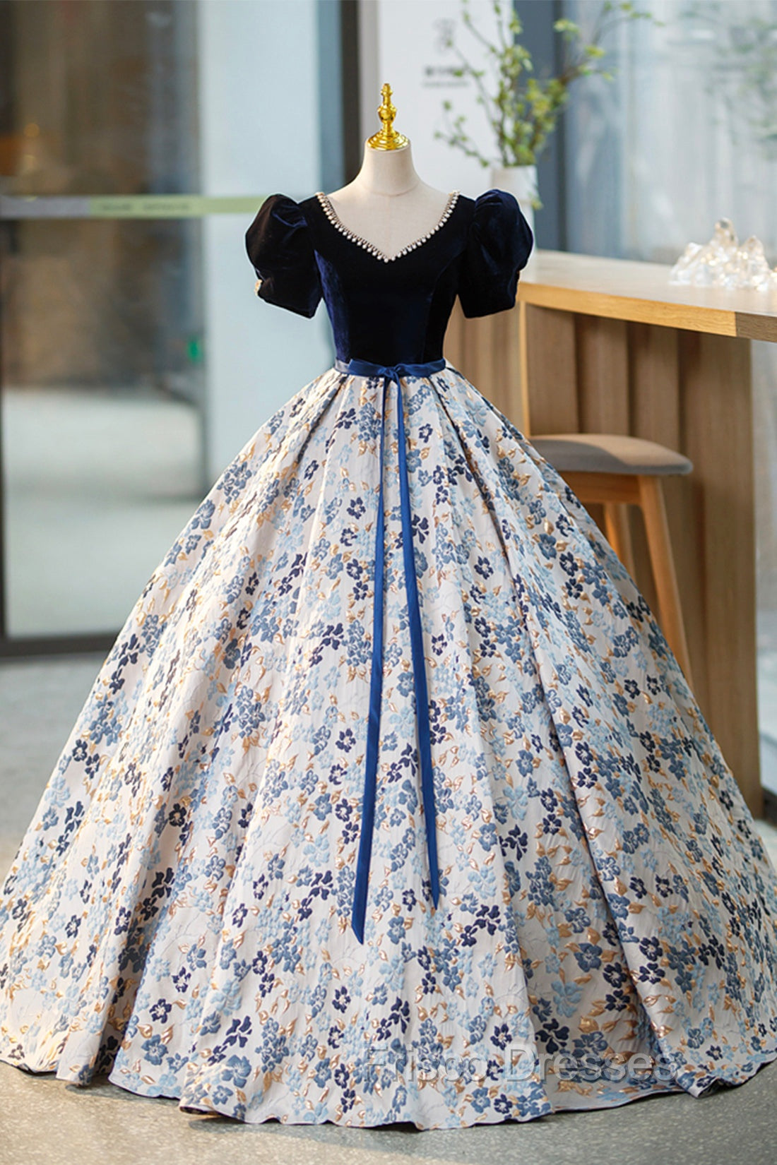 Blue Velvet Floor Length Formal Prom Dress with Short Sleeve, Blue V-Neck Formal Evening Dress