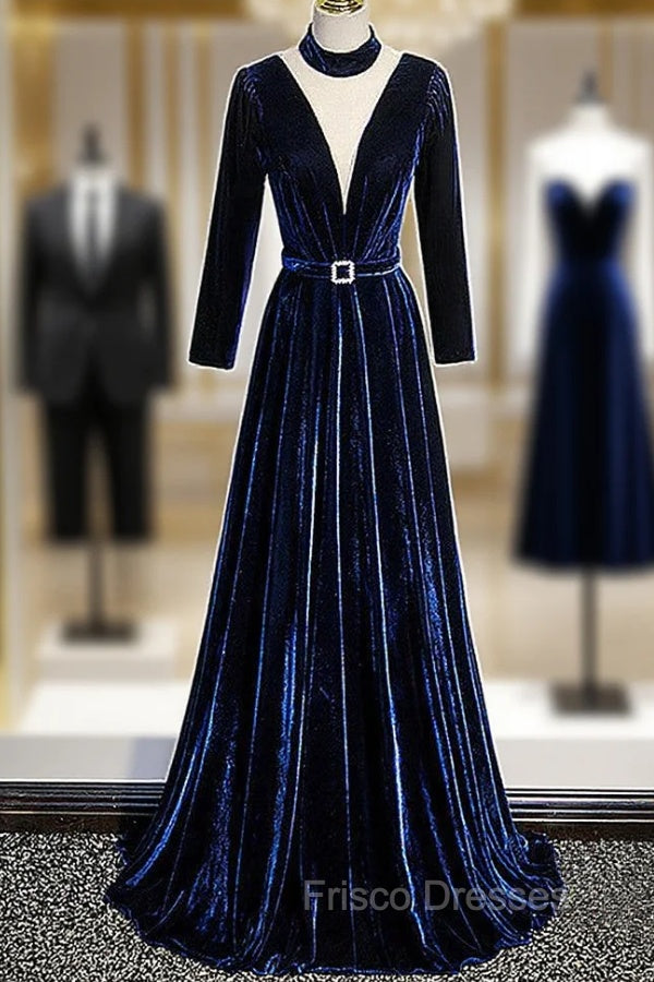 Blue Velvet Long Sleeves Floor Length Wedding Party Dress, Blue Formal Gown