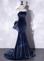 Blue Velvet Mermaid Straps Low Back Party Dress With Bow, Blue Long Evening Dress