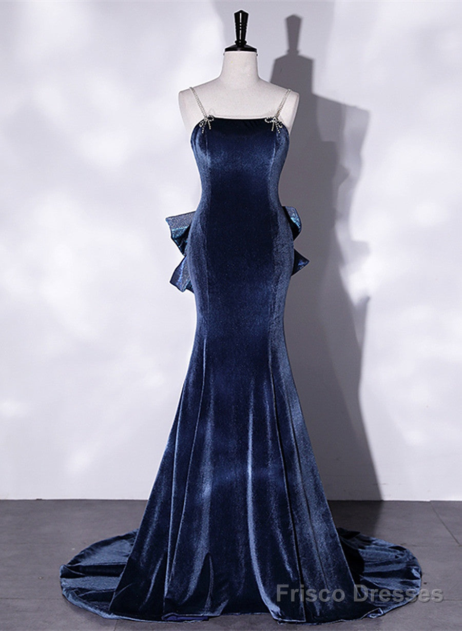 Blue Velvet Mermaid Straps Low Back Party Dress With Bow, Blue Long Evening Dress Main image