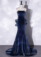 Blue Velvet Mermaid Straps Low Back Party Dress With Bow, Blue Long Evening Dress