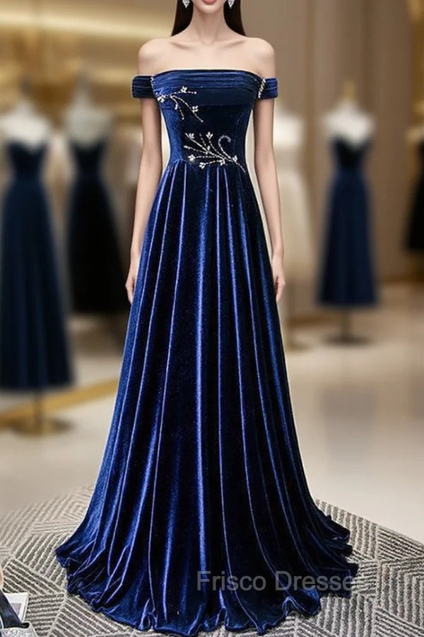 Blue Velvet Off the Shoulder Beading Pleats Formal Prom Dress Main image