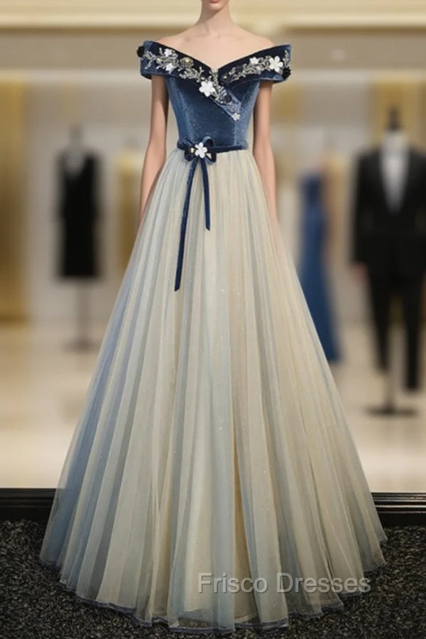 Blue Velvet Off the Shoulder Beading Formal Prom Dress Main image