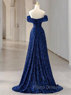 Blue Velvet Sequin Long Formal Prom Dress, Blue Formal Dress