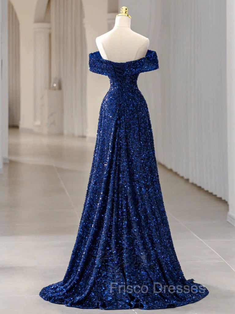Blue Velvet Sequin Long Formal Prom Dress, Blue Formal Dress