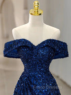 Blue Velvet Sequin Long Formal Prom Dress, Blue Formal Dress