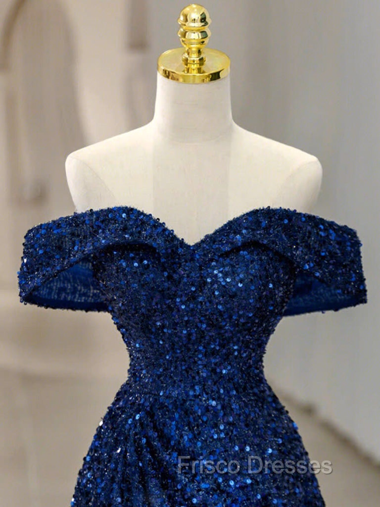 Blue Velvet Sequin Long Formal Prom Dress, Blue Formal Dress