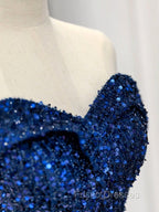 Blue Velvet Sequin Long Formal Prom Dress, Blue Formal Dress