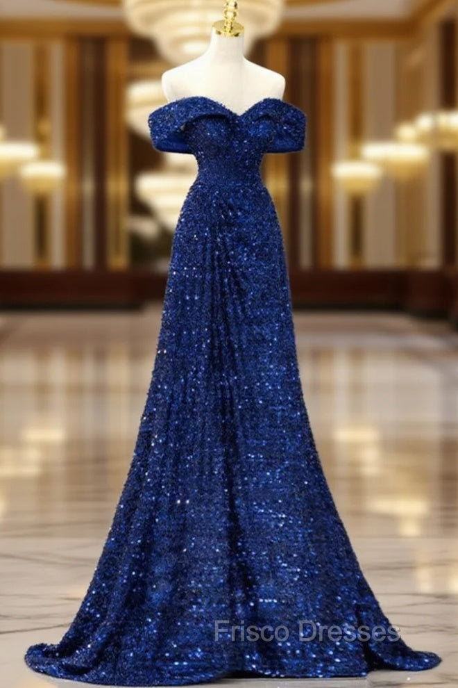 Blue Velvet Sequin Long Formal Prom Dress, Blue Formal Dress Main image