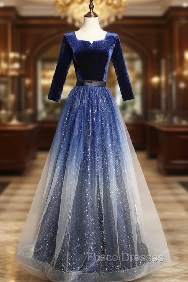 Blue Velvet Sequins Short Sleeve Formal Prom Dress