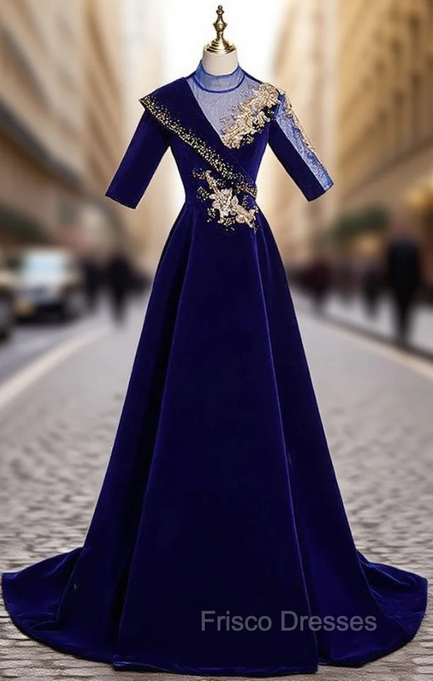 Blue Velvet Short Sleeve High Neck Appliques Formal Prom Dress