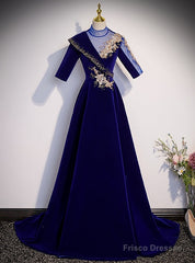 Blue Velvet Short Sleeve High Neck Appliques Prom Dress
