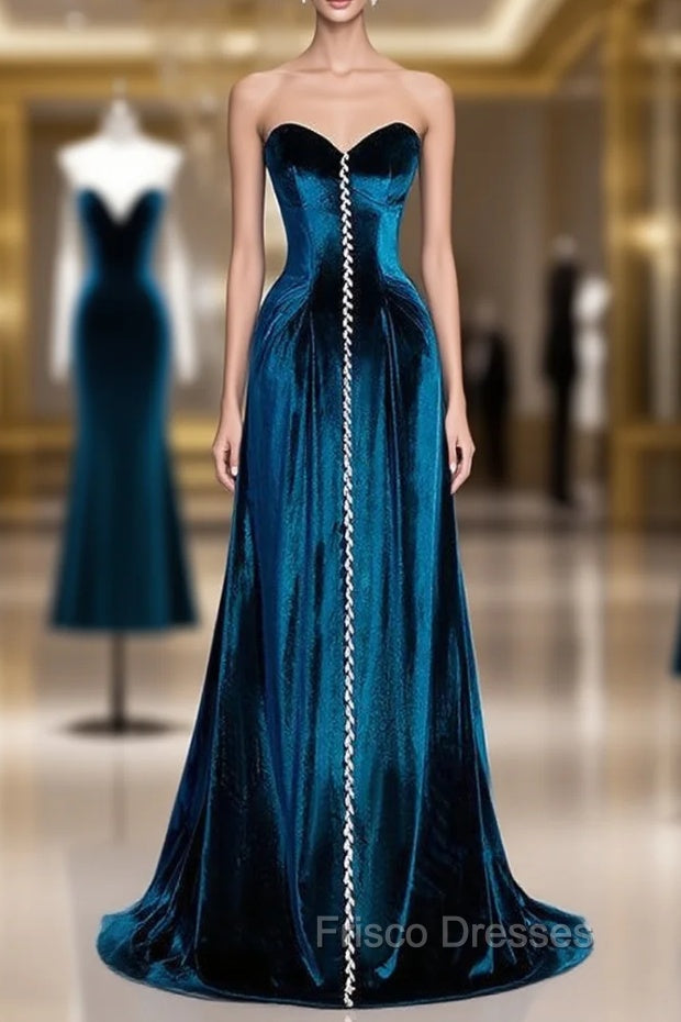 Blue Velvet Strapless Beading Formal Prom Dress Main image