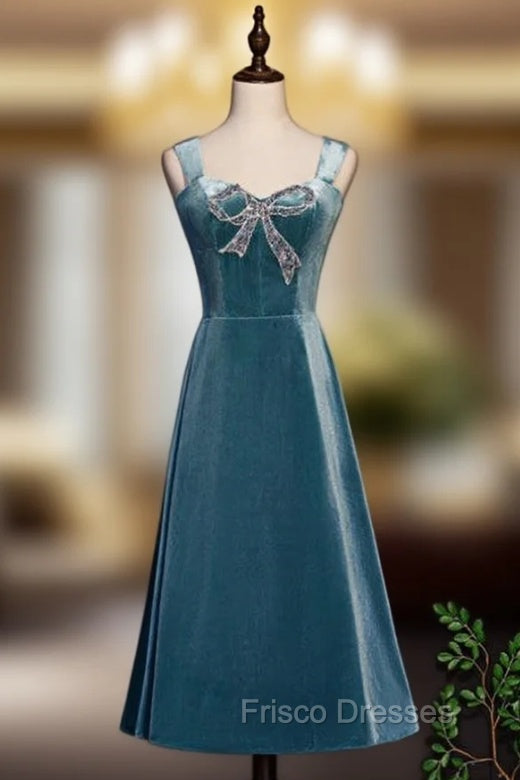 Blue Velvet Straps Beading Tea Length Formal Prom Dress