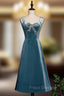 Blue Velvet Straps Beading Tea Length Formal Prom Dress