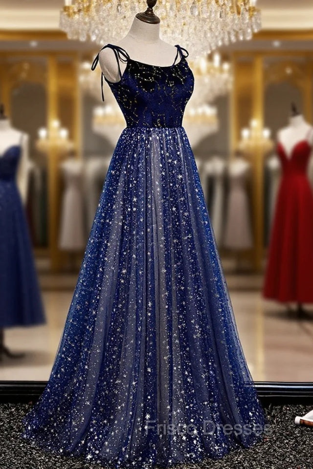 Blue Velvet Tulle Long A-Line Formal Prom Dress, Blue Spaghetti Straps Evening Dress