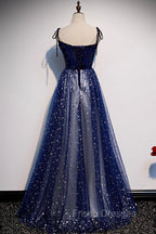Blue Velvet Tulle Long A-Line Formal Prom Dress, Blue Spaghetti Straps Evening Dress