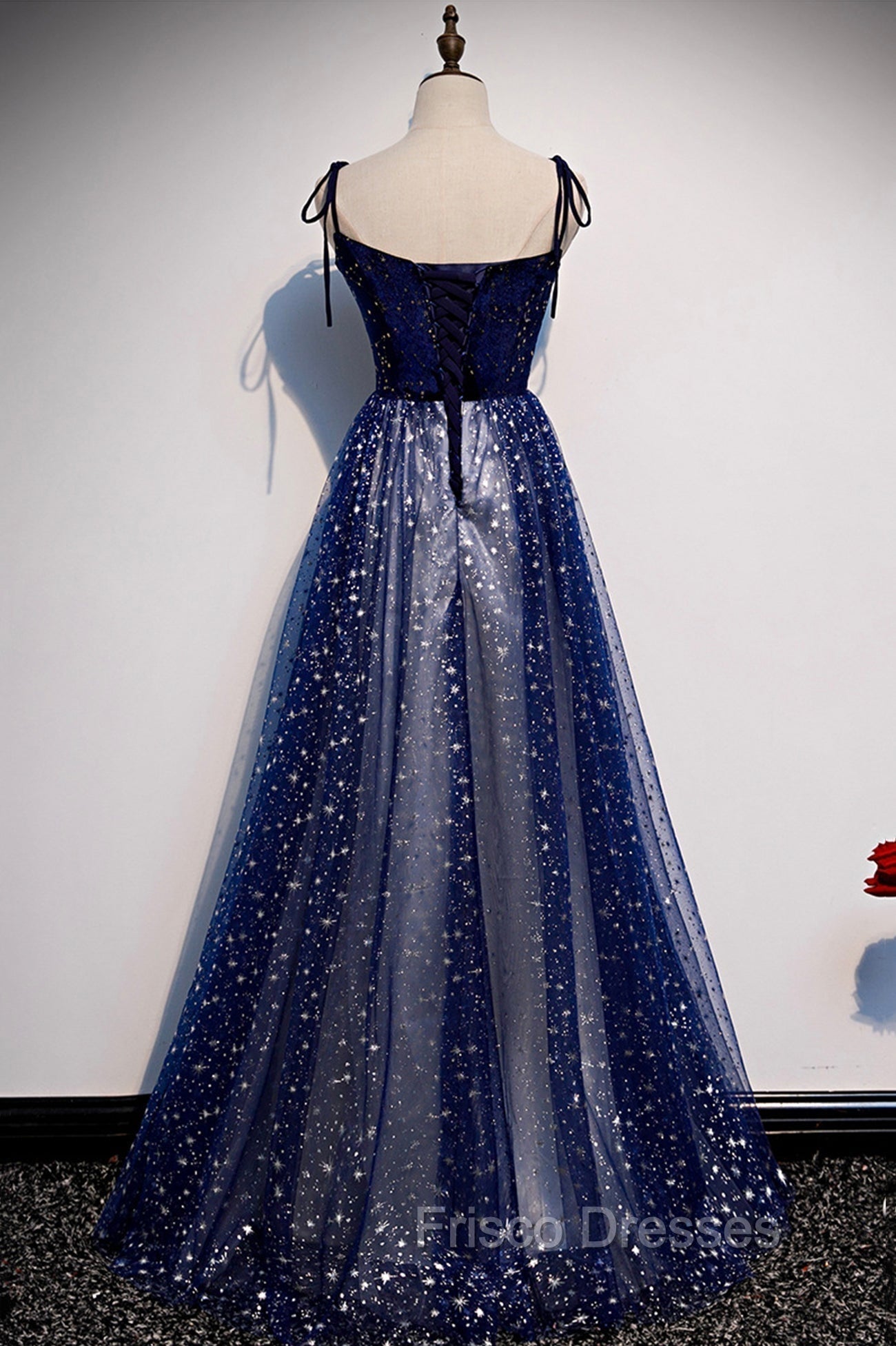 Blue Velvet Tulle Long A-Line Formal Prom Dress, Blue Spaghetti Straps Evening Dress