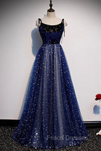 Blue Velvet Tulle Long A-Line Formal Prom Dress, Blue Spaghetti Straps Evening Dress