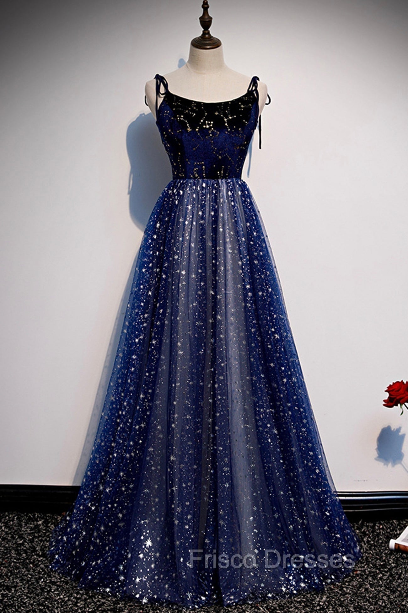 Blue Velvet Tulle Long A-Line Formal Prom Dress, Blue Spaghetti Straps Evening Dress