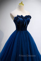 Blue Velvet Tulle Long A-Line Formal Prom Dress, Blue Strapless Formal Evening Dress