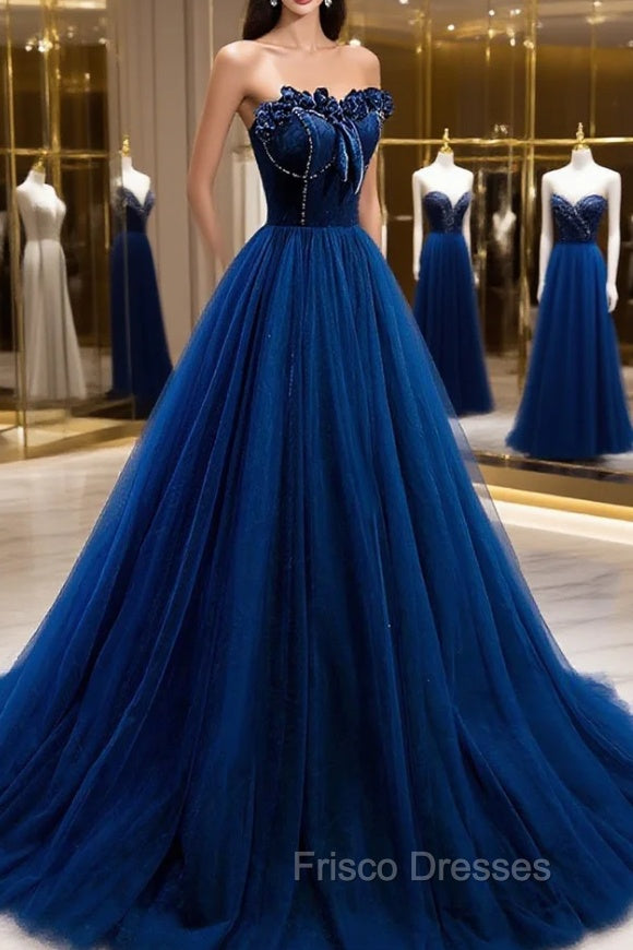 Blue Velvet Tulle Long A-Line Formal Prom Dress, Blue Strapless Formal Evening Dress