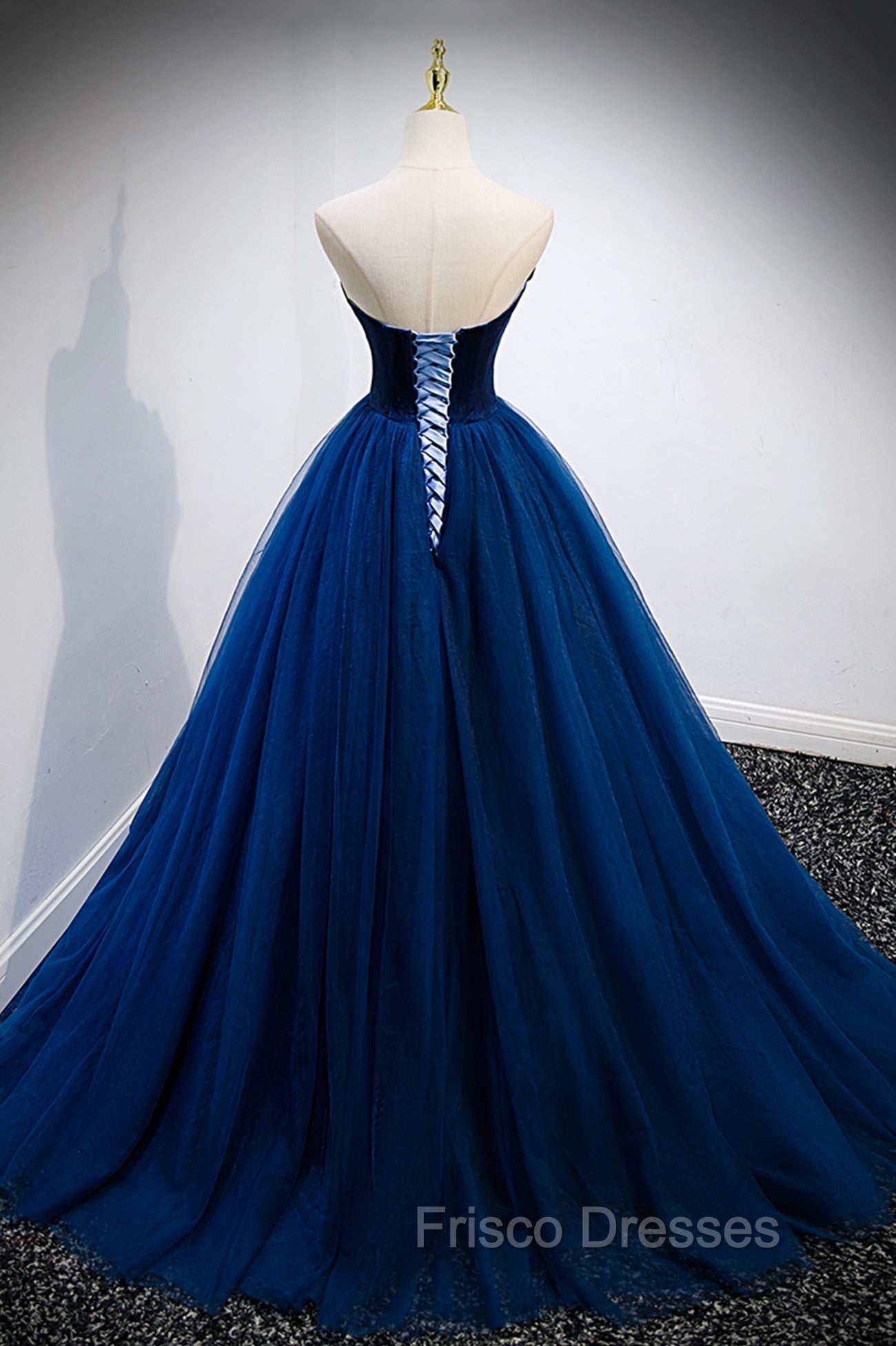 Blue Velvet Tulle Long A-Line Formal Prom Dress, Blue Strapless Formal Evening Dress