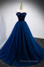 Blue Velvet Tulle Long A-Line Formal Prom Dress, Blue Strapless Formal Evening Dress