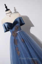 Blue Velvet Tulle Long A-Line Formal Prom Dress, Off the Shoulder Evening Dress