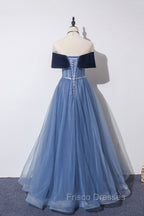 Blue Velvet Tulle Long A-Line Formal Prom Dress, Off the Shoulder Evening Dress