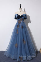 Blue Velvet Tulle Long A-Line Formal Prom Dress, Off the Shoulder Evening Dress