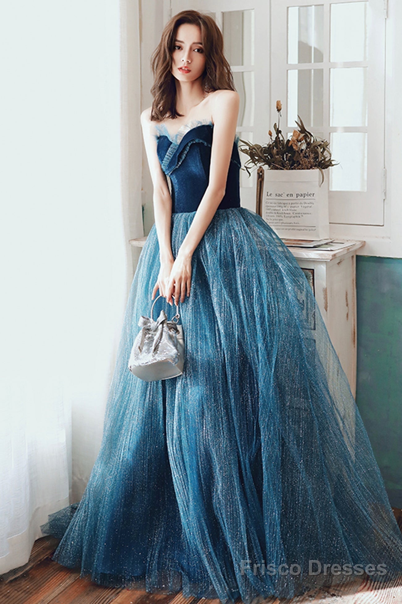 Blue Velvet Tulle Long Formal Evening Dresses, A-Line Graduation Dresses