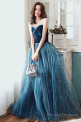 Blue Velvet Tulle Long Formal Evening Dresses, A-Line Graduation Dresses