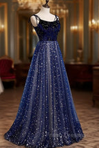 Blue Velvet Tulle Long Formal Prom Dress, A-Line Evening Party Dress