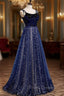 Blue Velvet Tulle Long Formal Prom Dress, A-Line Evening Party Dress