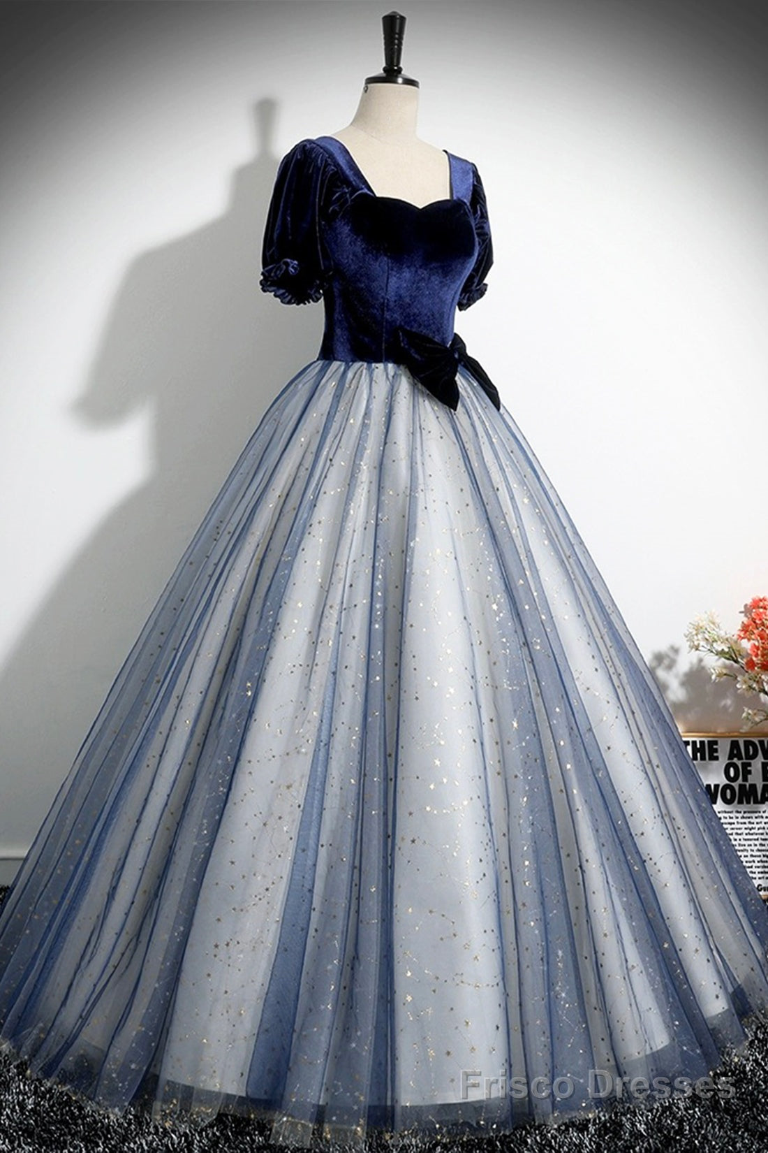 Blue Velvet Tulle Long Prom Dress, A-Line Short Sleeve Evening Party Dress Secondary image