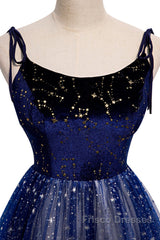 Blue Velvet Tulle Long Formal Prom Dress, Beautiful A-Line Evening Party Dress