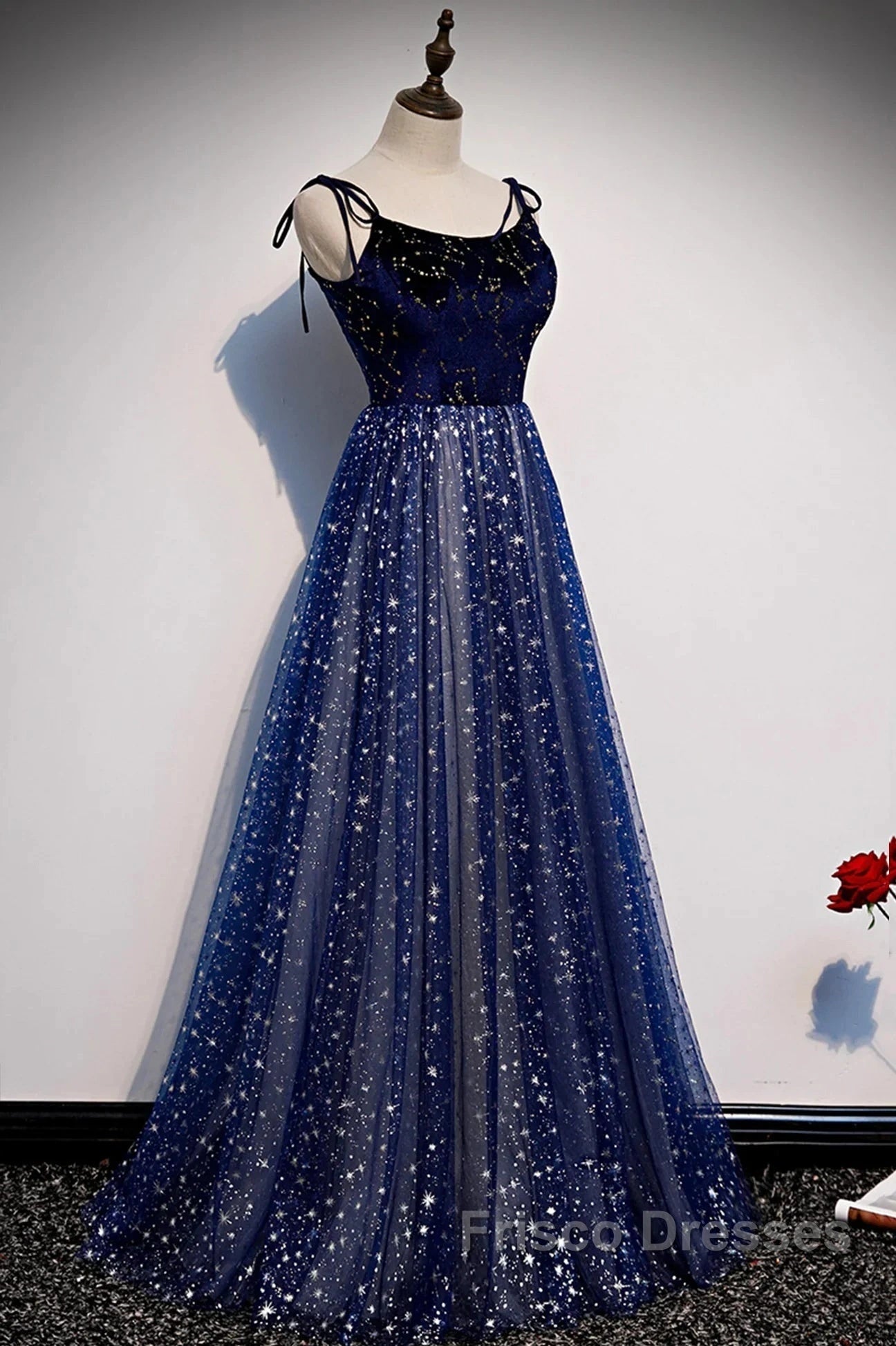 Blue Velvet Tulle Long Formal Prom Dress, Beautiful A-Line Evening Party Dress