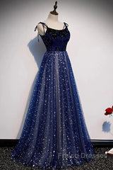 Blue Velvet Tulle Long Formal Prom Dress, Beautiful A-Line Evening Party Dress