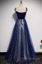 Blue Velvet Tulle Long Formal Prom Dress, Beautiful A-Line Evening Party Dress