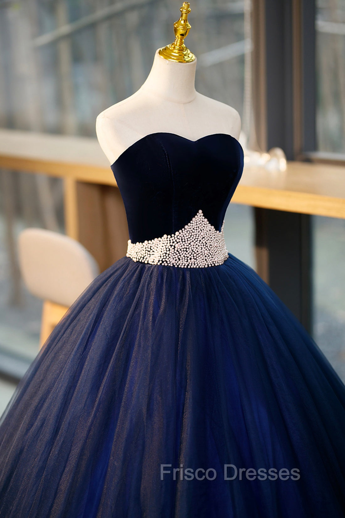 Blue Velvet Tulle Long Formal Prom Dress, Blue Evening Party Dress