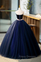 Blue Velvet Tulle Long Formal Prom Dress, Blue Evening Party Dress