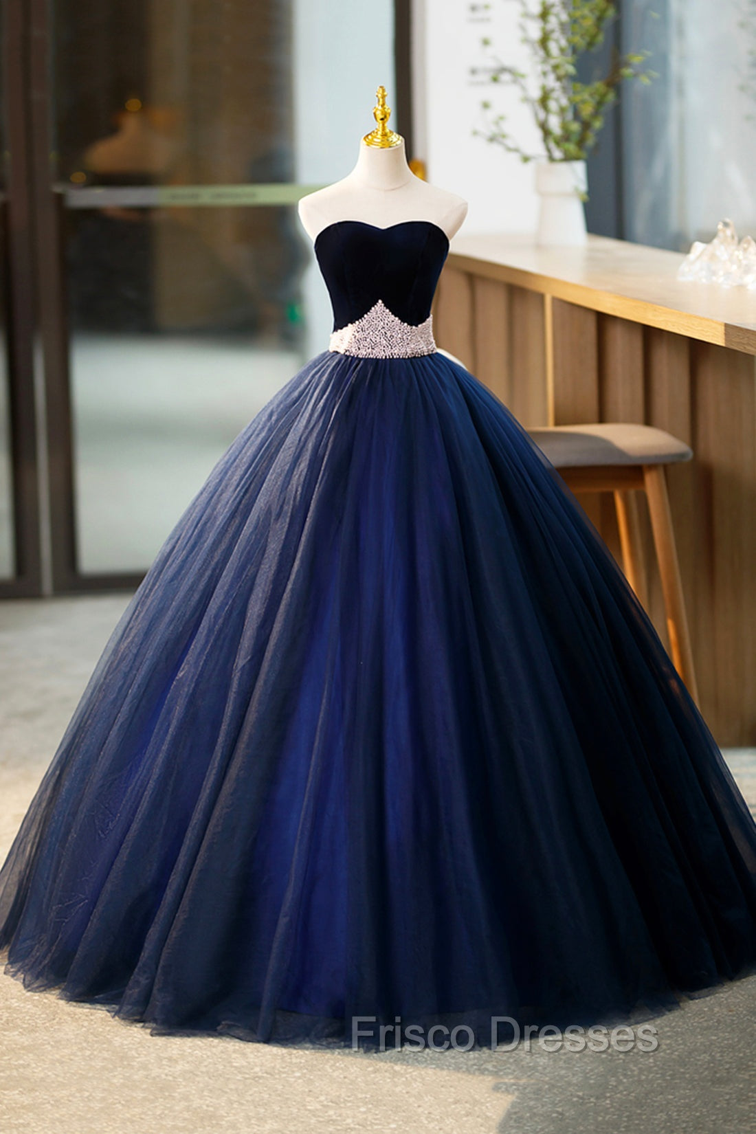 Blue Velvet Tulle Long Formal Prom Dress, Blue Evening Party Dress