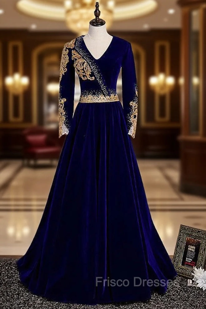 Blue Velvet V-neck Long Sleeve Gold Beading Formal Prom Dress Main image