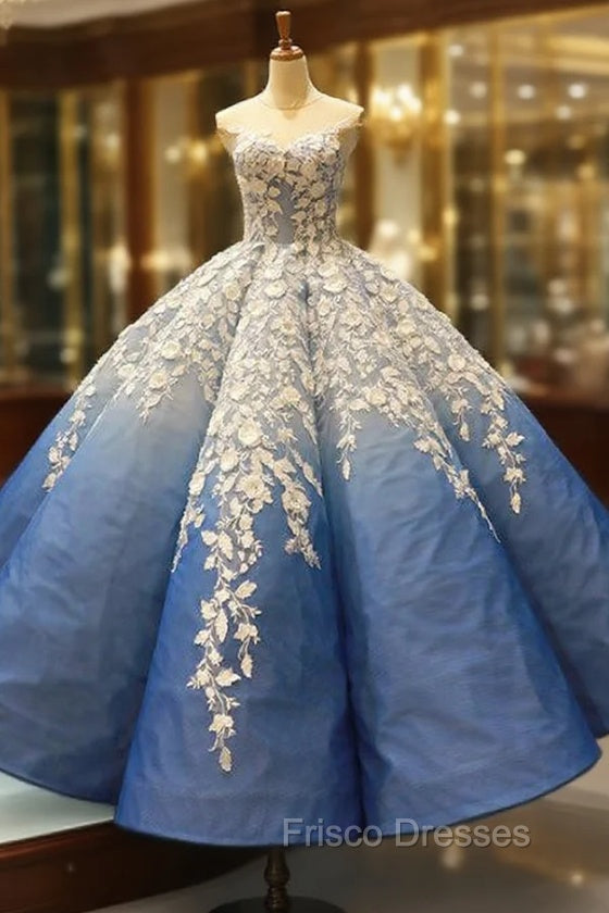 Blue White Ball Gown 3D Flower Cap Sleeve Haute Couture Formal Prom Dress