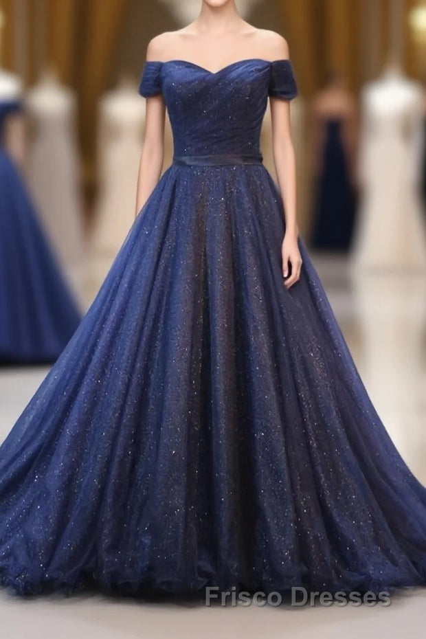 Dark Blue Shining Tulle Long Formal Prom Dress, Evening Dress Main image