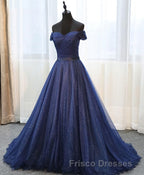 Dark Blue Shining Tulle Long Formal Prom Dress, Evening Dress