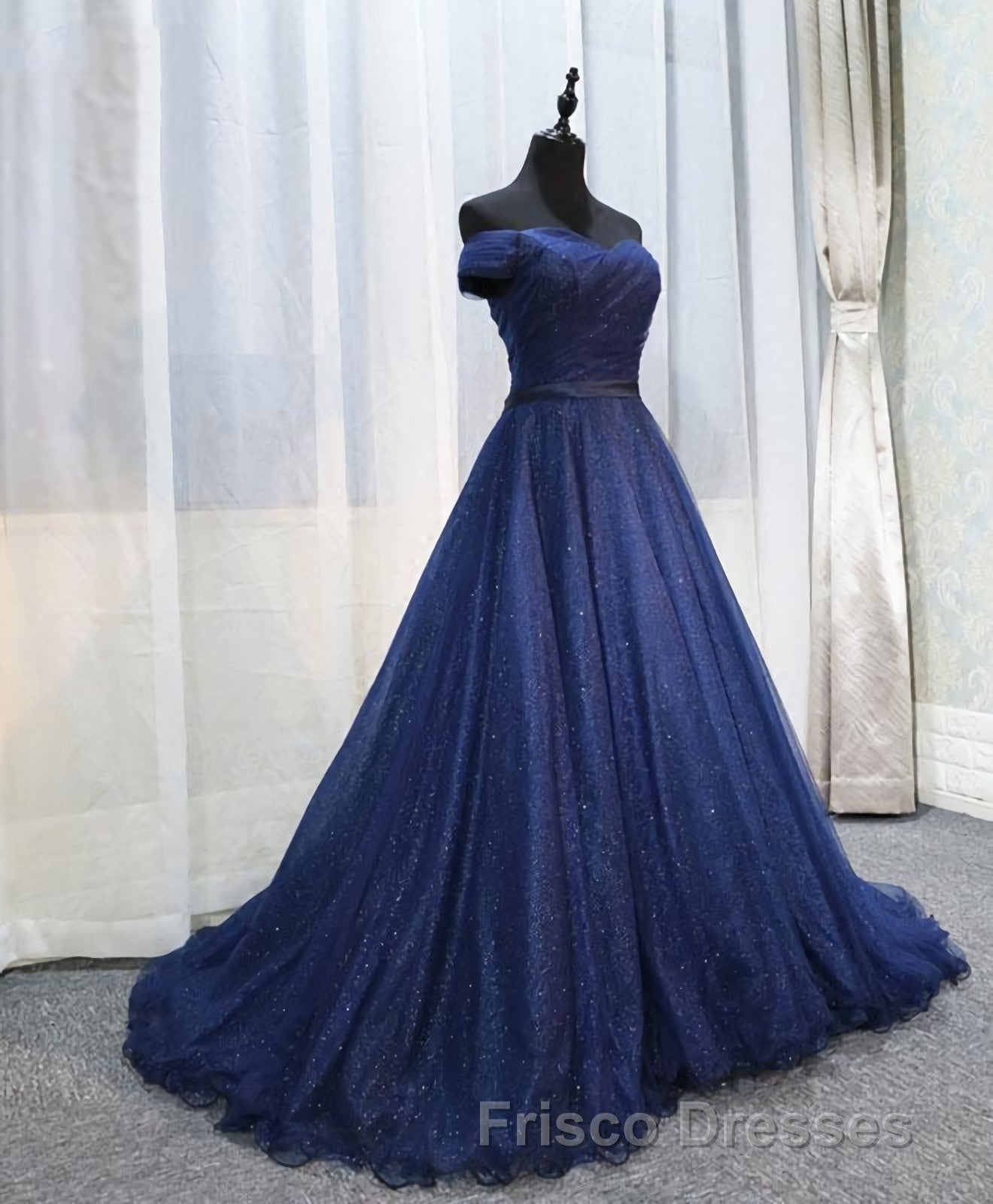 Dark Blue Shining Tulle Long Formal Prom Dress, Evening Dress