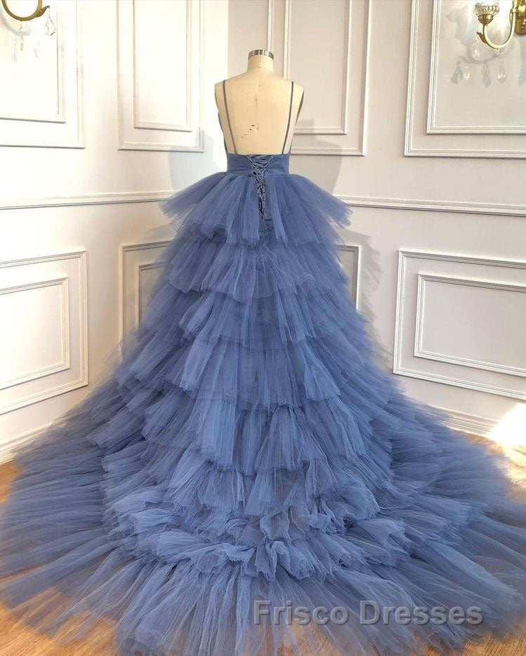 Blue V Neck Tiered Sleeveless Tulle Formal Prom Dress, Gorgeous Long Party Dress