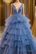 Blue V Neck Tiered Sleeveless Tulle Formal Prom Dress, Gorgeous Long Party Dress